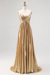 Schickes Goldenes A-Linie Satin Ballkleid mit Falten